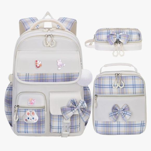 🐰3pc Girls Plaid Bunny & Bow Backpack/Lunchbox/Case Set- Beige Blue & Purple